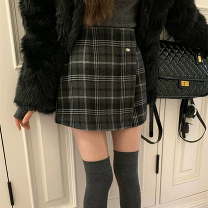 Winter Plaid Woolen Pants And Skirts To Prevent Exposure, Lazy A-line Short Skirts And Shorts
