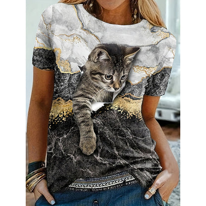 Women's Marble Cat Graphic Print Round Neck Short Sleeve Tee Shirts Summer Tops