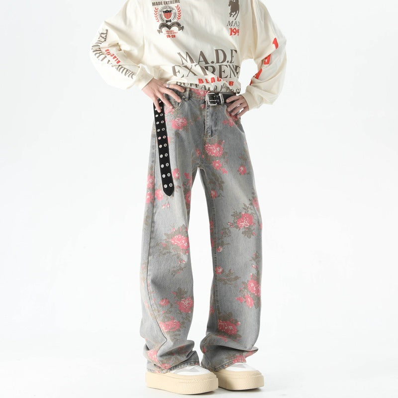 Men's Peony Jacquard Washed Loose Jeans