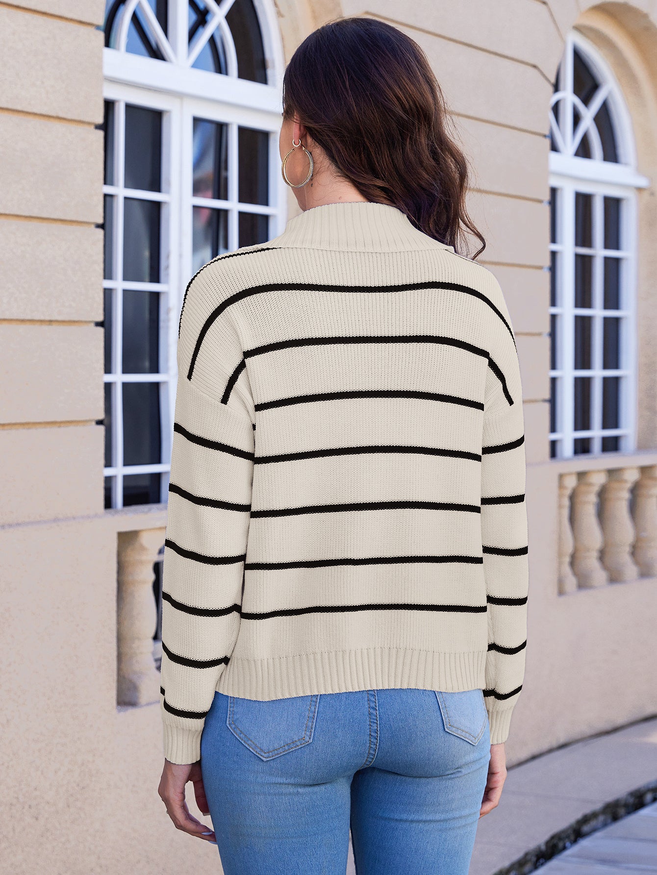 Women's Striped V-neck Long Sleeved Sweater