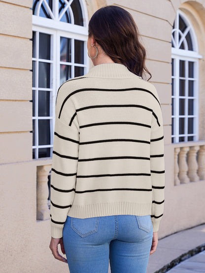 Women's Striped V-neck Long Sleeved Sweater