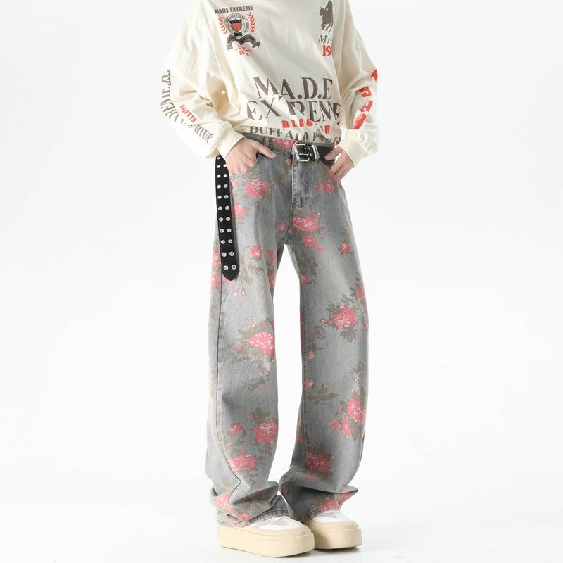 Men's Peony Jacquard Washed Loose Jeans