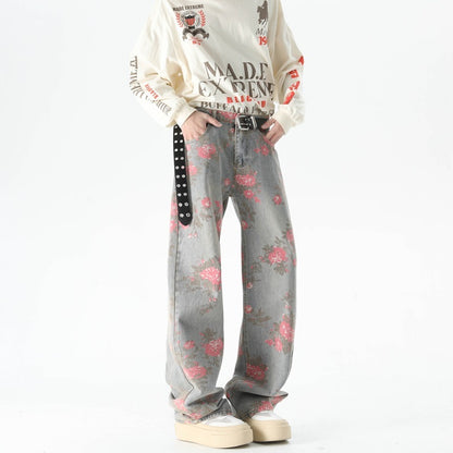 Men's Peony Jacquard Washed Loose Jeans