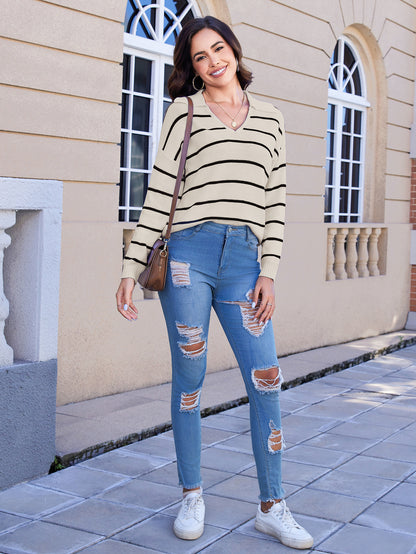 Women's Striped V-neck Long Sleeved Sweater